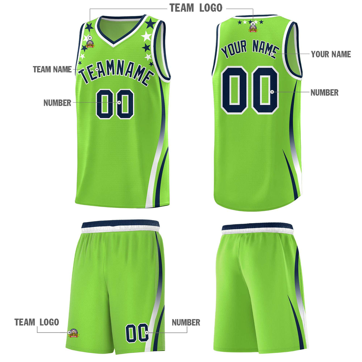 Custom Neon Green Shoulders Star Pattern Side Color Block Sports Uniform Basketball Kits