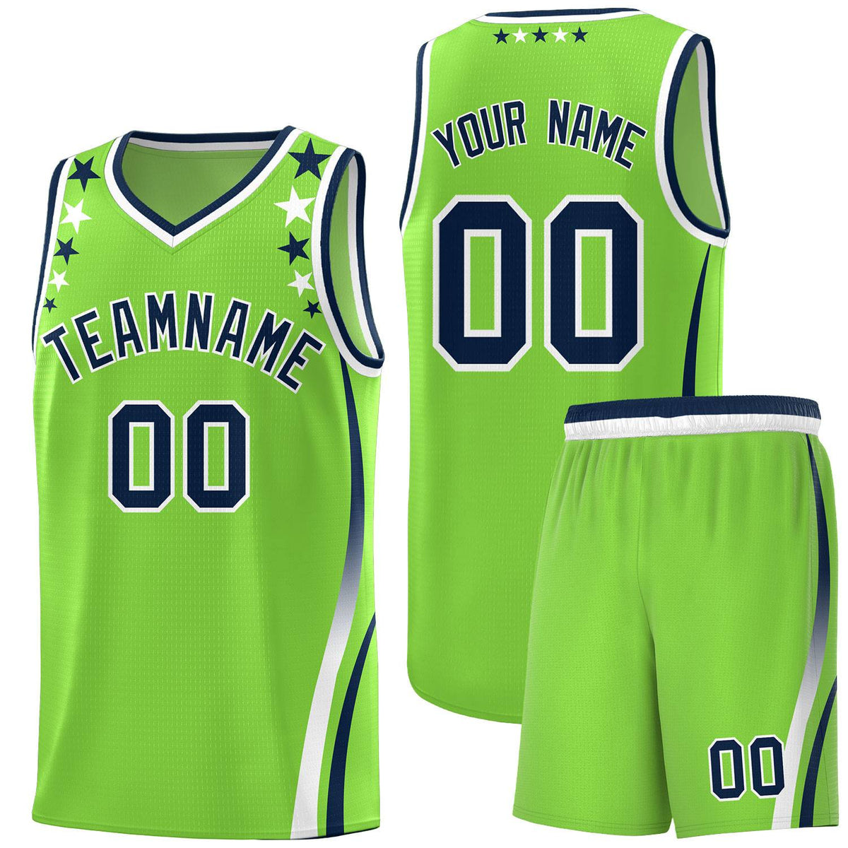 Custom Neon Green Shoulders Star Pattern Side Color Block Sports Uniform Basketball Kits