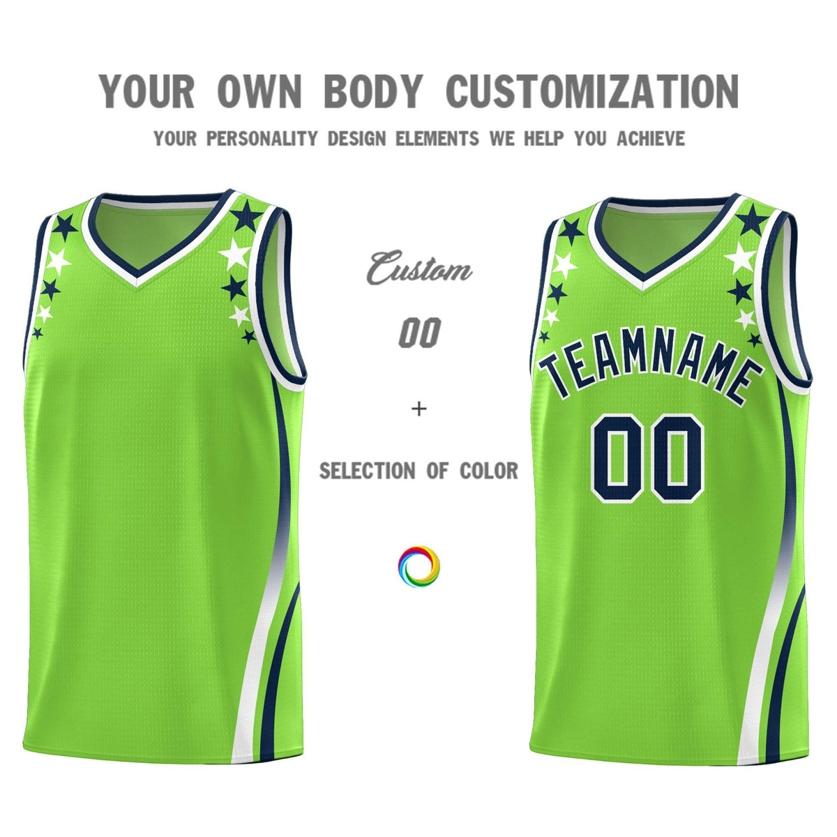 Custom Neon Green Shoulders Star Pattern Side Color Block Sports Uniform Basketball Kits