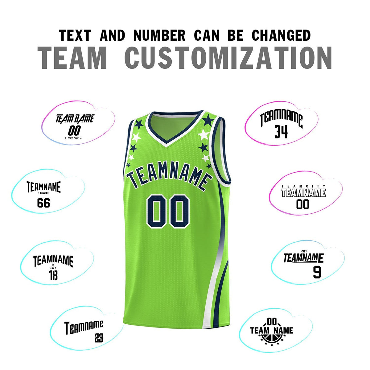 Custom Neon Green Shoulders Star Pattern Side Color Block Sports Uniform Basketball Kits