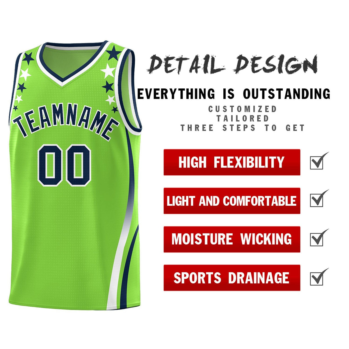 Custom Neon Green Shoulders Star Pattern Side Color Block Sports Uniform Basketball Kits