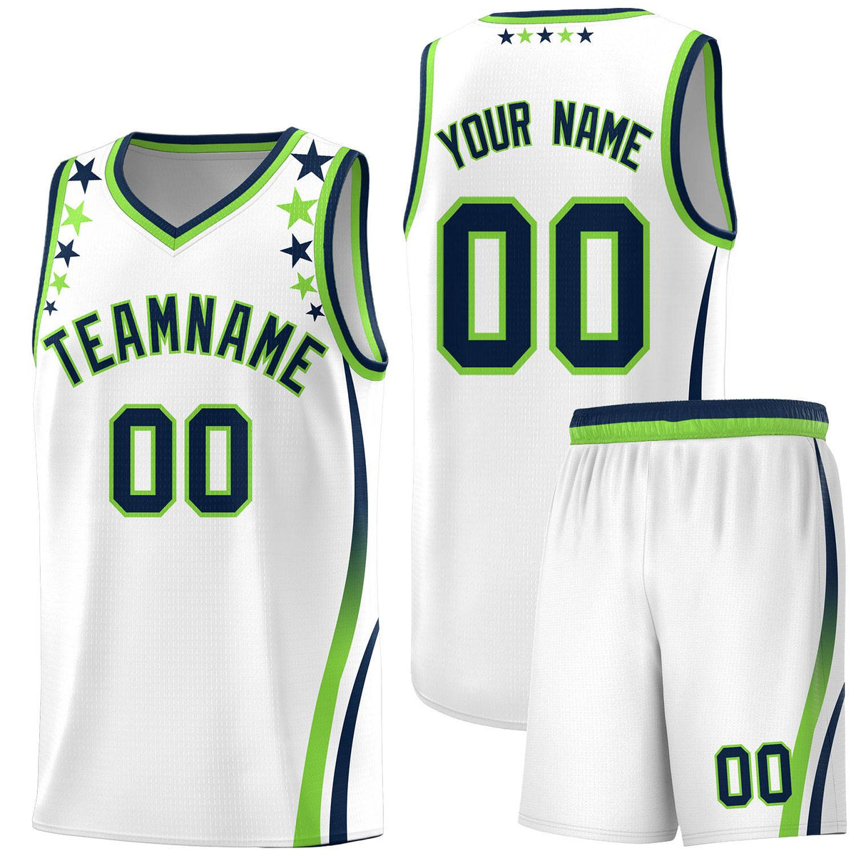 Custom White Shoulders Star Pattern Side Color Block Sports Uniform Basketball Kits