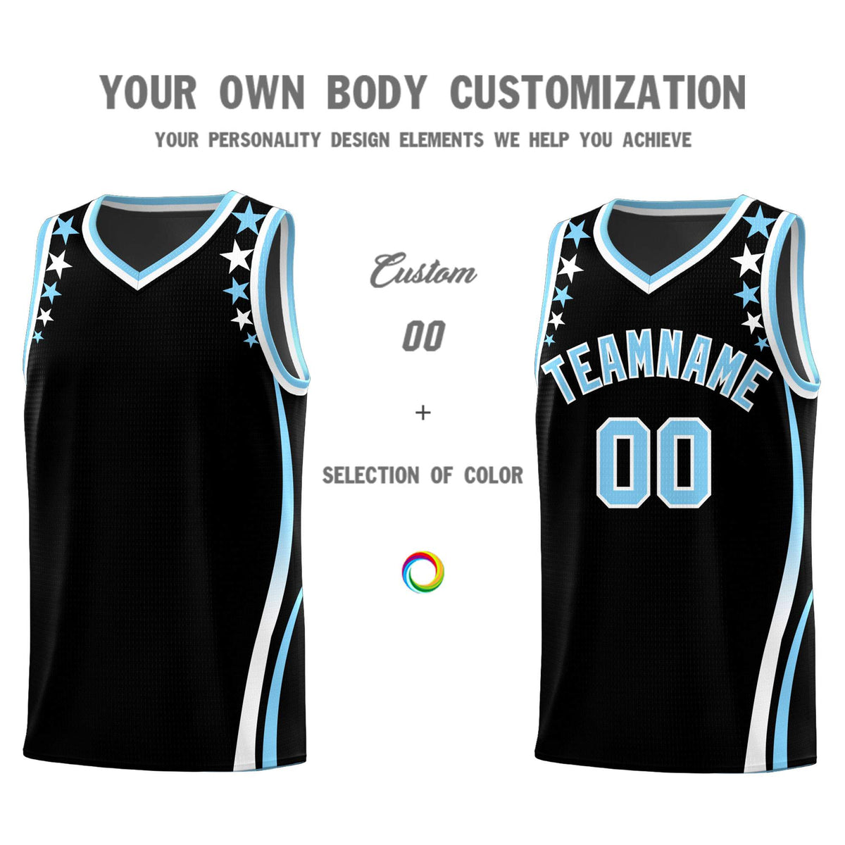 Custom Black Shoulders Star Pattern Side Color Block Sports Uniform Basketball Kits