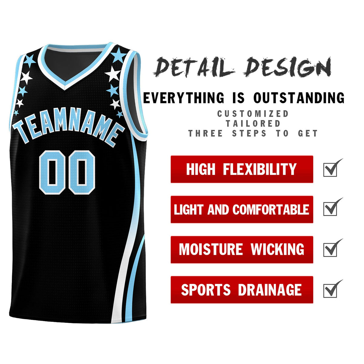 Custom Black Shoulders Star Pattern Side Color Block Sports Uniform Basketball Kits