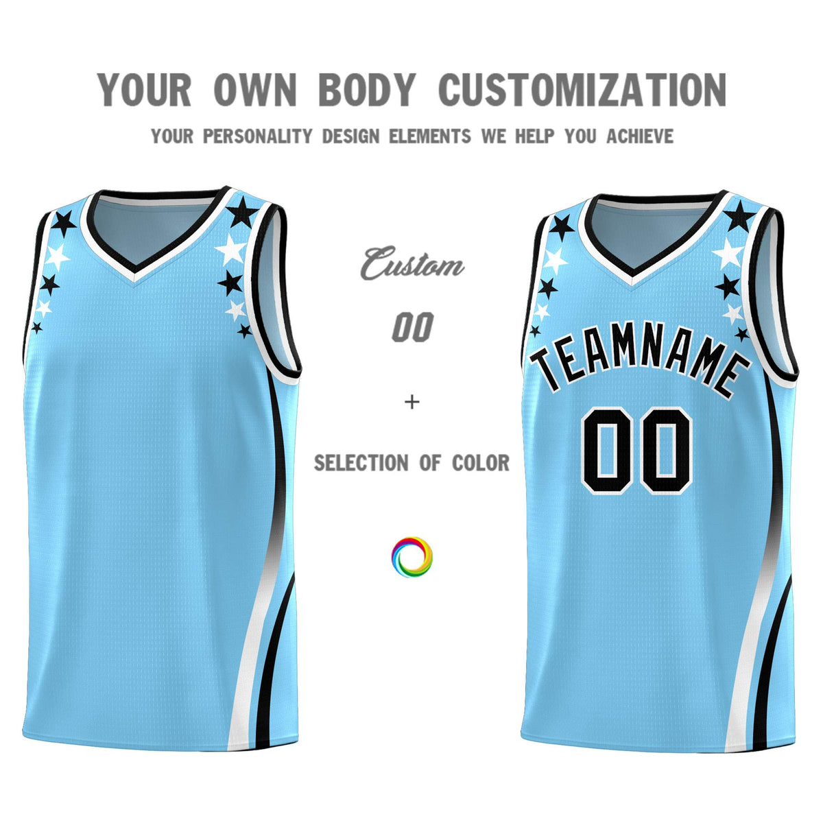 Custom Light Blue Shoulders Star Pattern Side Color Block Sports Uniform Basketball Kits
