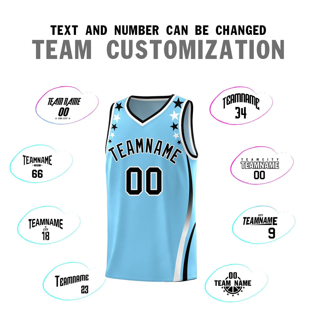 Custom Light Blue Shoulders Star Pattern Side Color Block Sports Uniform Basketball Kits