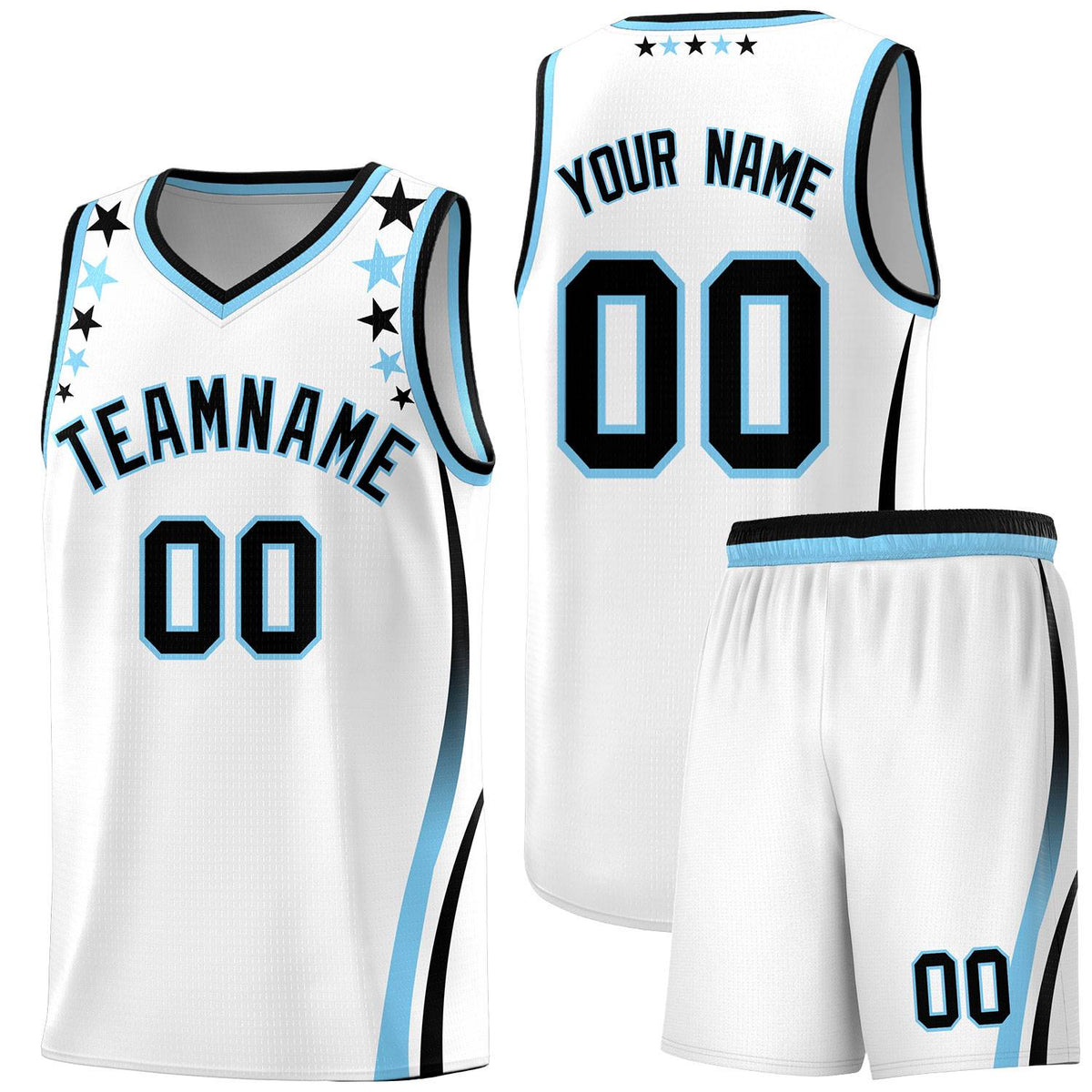 Custom White Shoulders Star Pattern Side Color Block Sports Uniform Basketball Kits