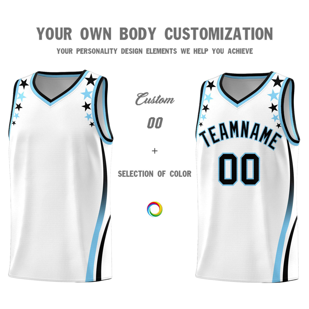 Custom White Shoulders Star Pattern Side Color Block Sports Uniform Basketball Kits