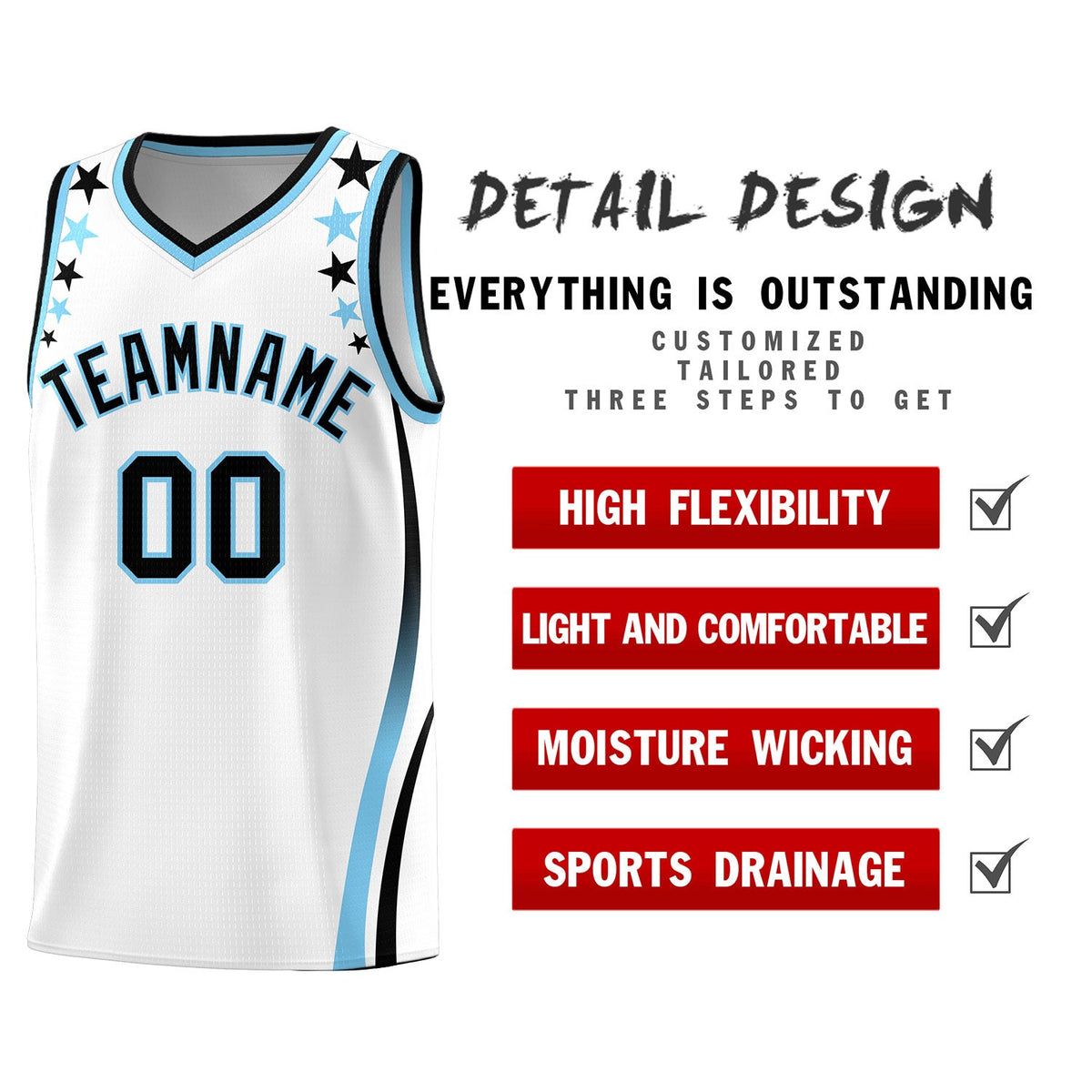 Custom White Shoulders Star Pattern Side Color Block Sports Uniform Basketball Kits