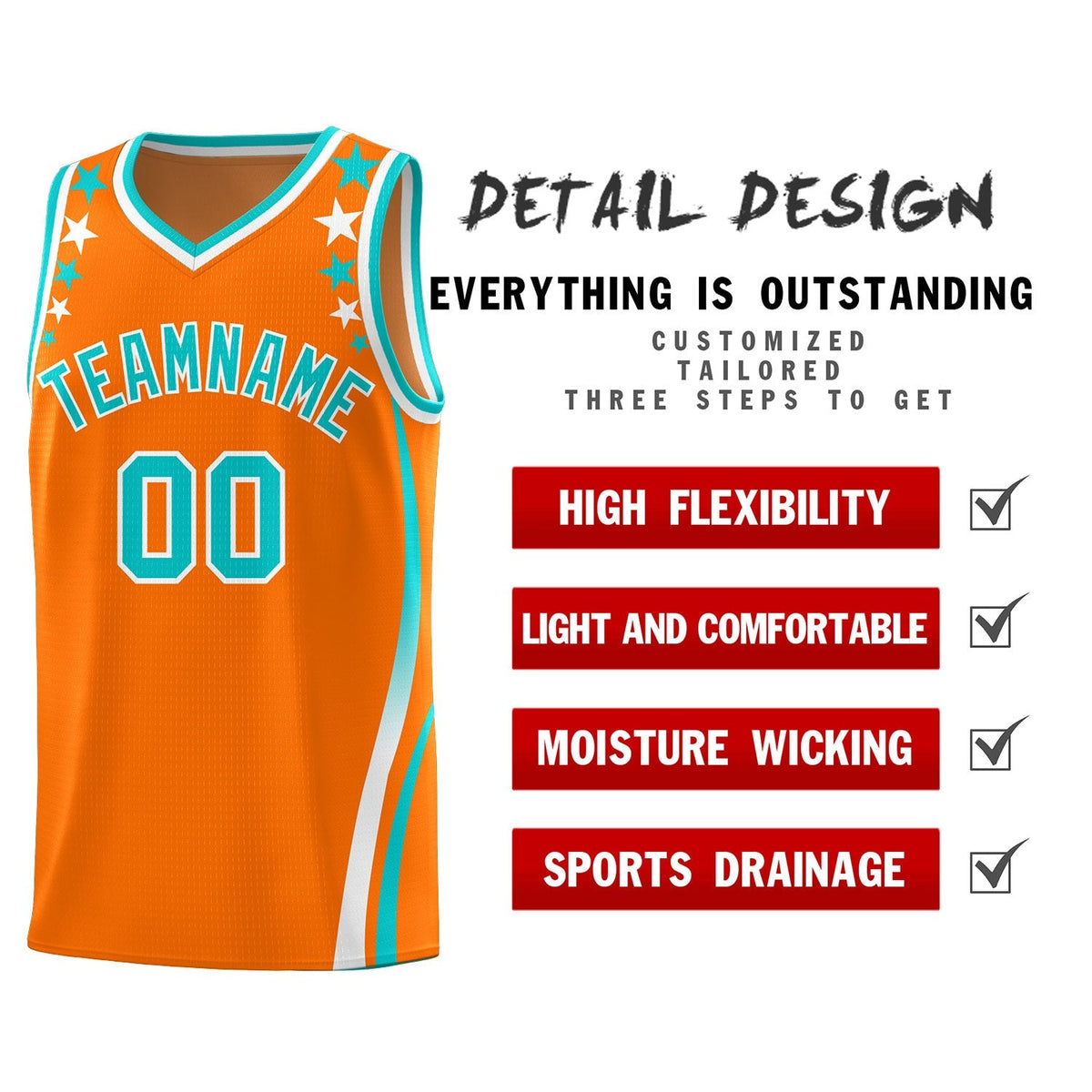 Custom Orange Shoulders Star Pattern Side Color Block Sports Uniform Basketball Kits