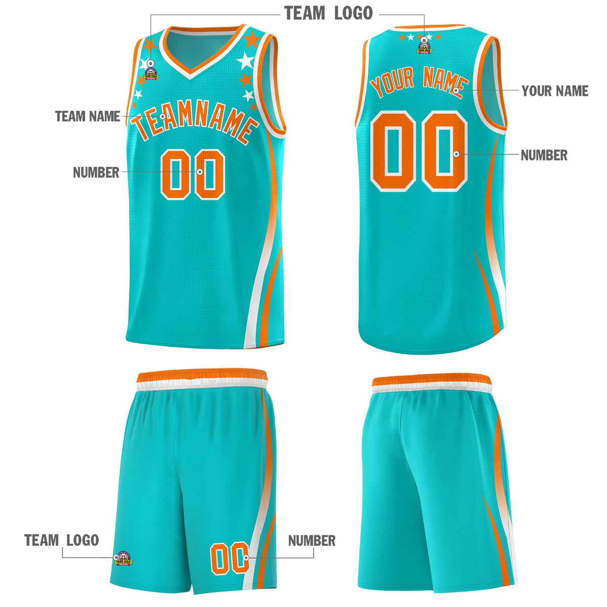 Custom Sky Blue Shoulders Star Pattern Side Color Block Sports Uniform Basketball Kits