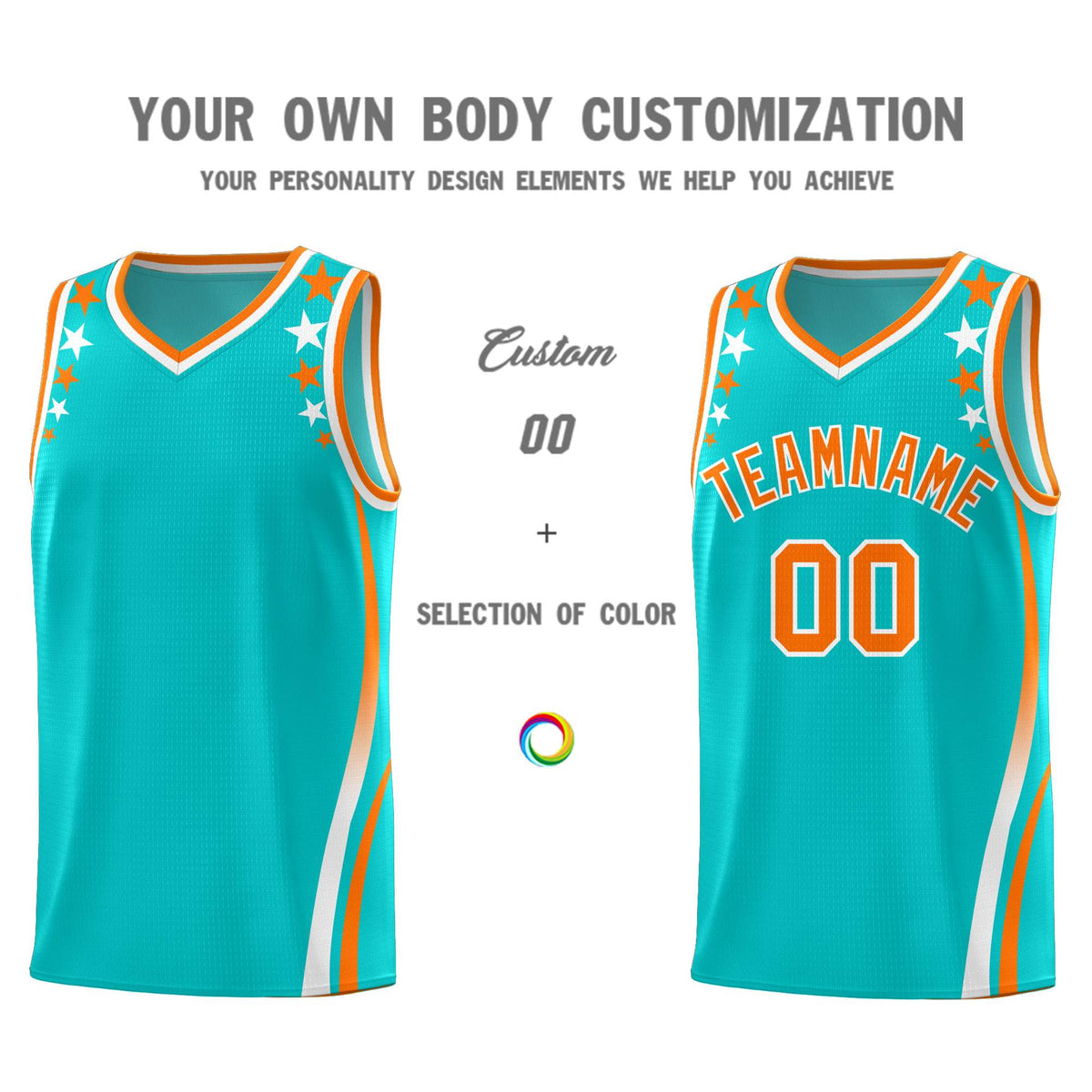 Custom Sky Blue Shoulders Star Pattern Side Color Block Sports Uniform Basketball Kits
