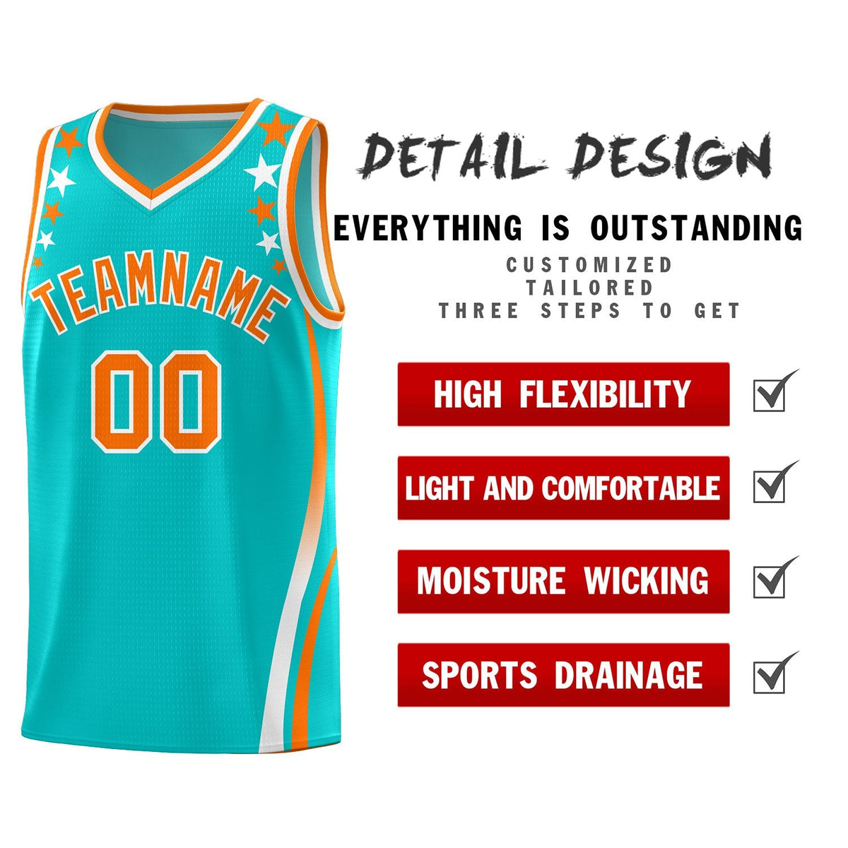 Custom Sky Blue Shoulders Star Pattern Side Color Block Sports Uniform Basketball Kits