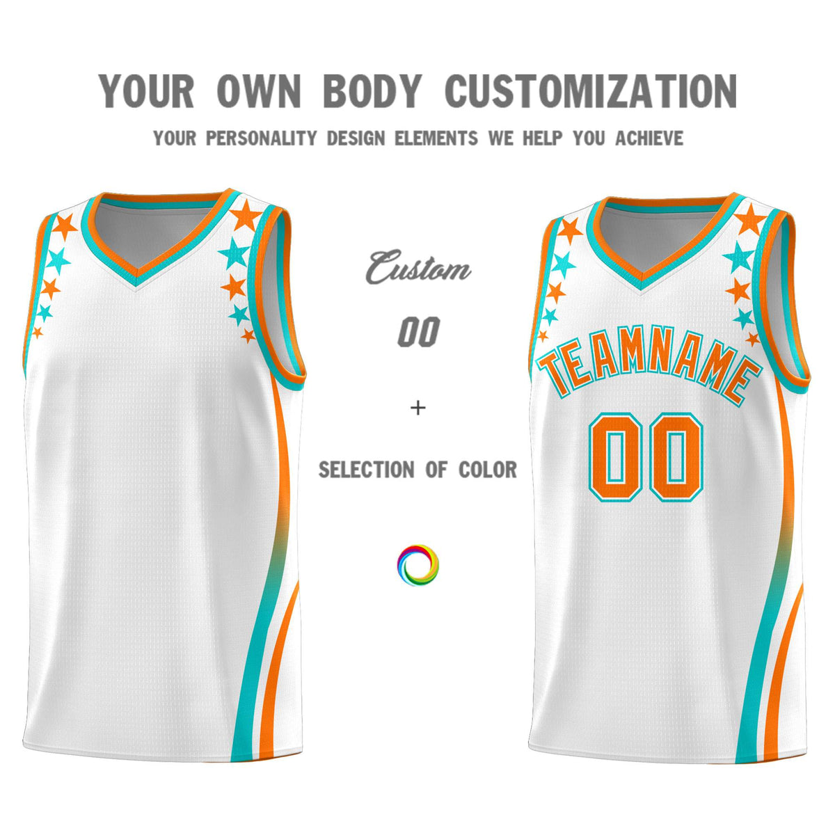 Custom White Shoulders Star Pattern Side Color Block Sports Uniform Basketball Kits