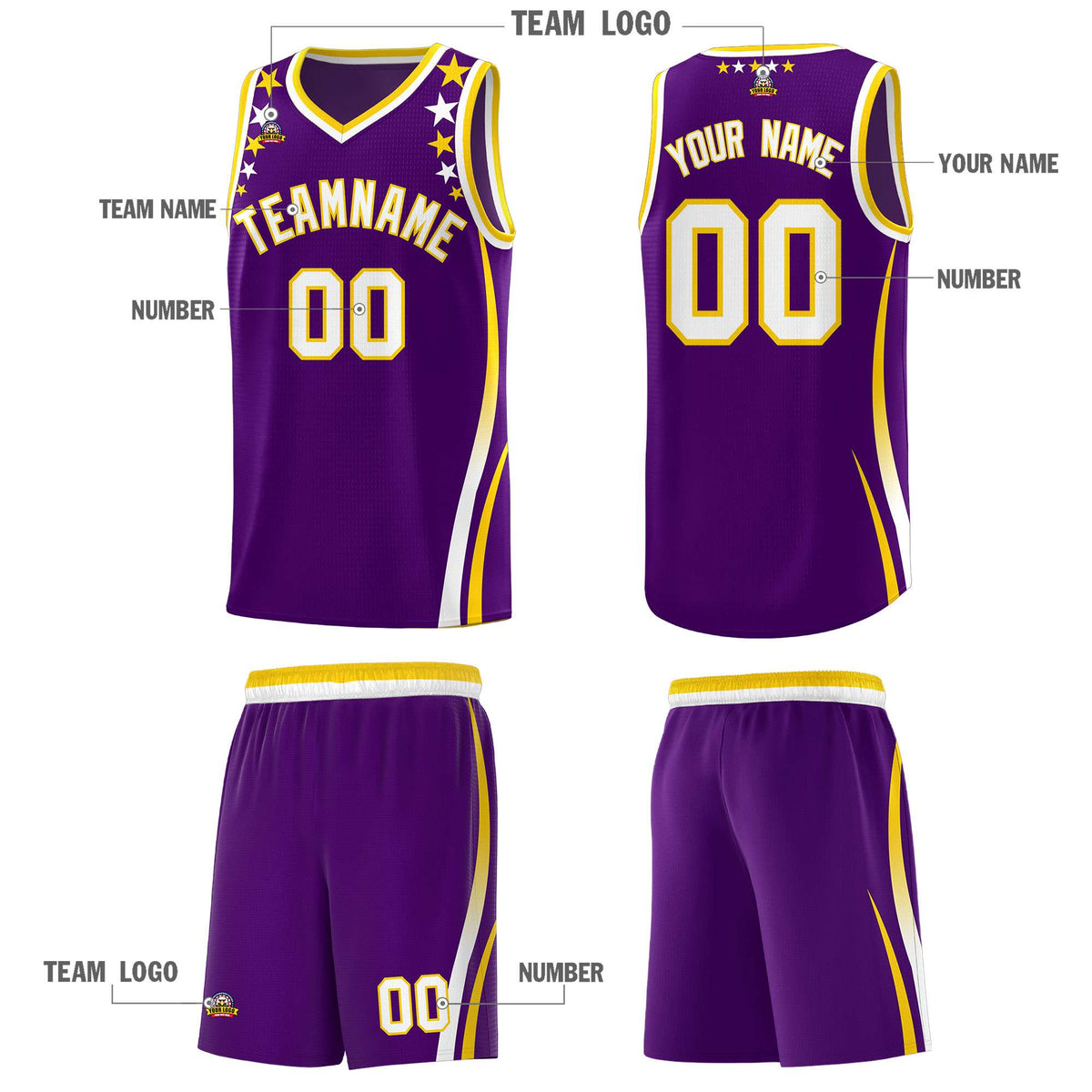 Custom Purple Shoulders Star Pattern Side Color Block Sports Uniform Basketball Kits