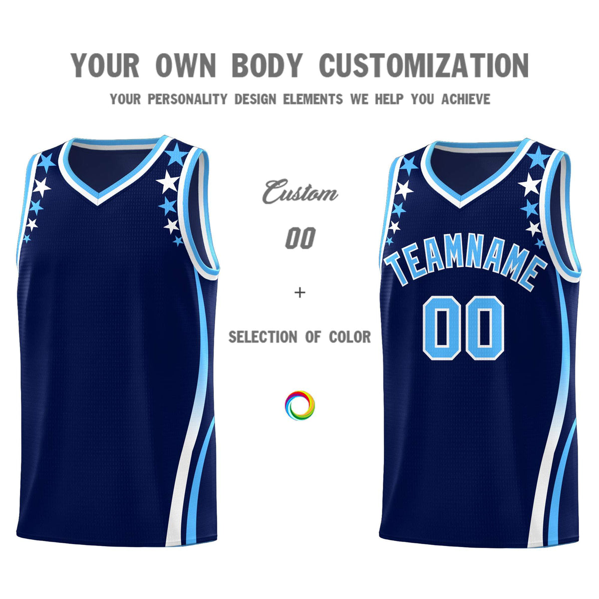 Custom Navy Shoulders Star Pattern Side Color Block Sports Uniform Basketball Kits