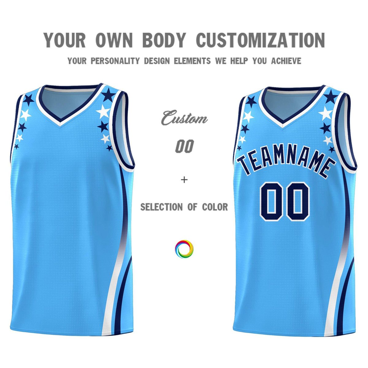 Custom Light Blue Shoulders Star Pattern Side Color Block Sports Uniform Basketball Kits