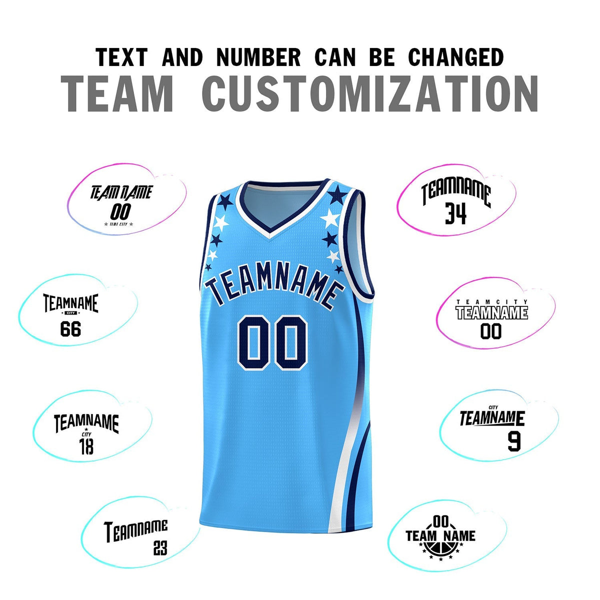 Custom Light Blue Shoulders Star Pattern Side Color Block Sports Uniform Basketball Kits