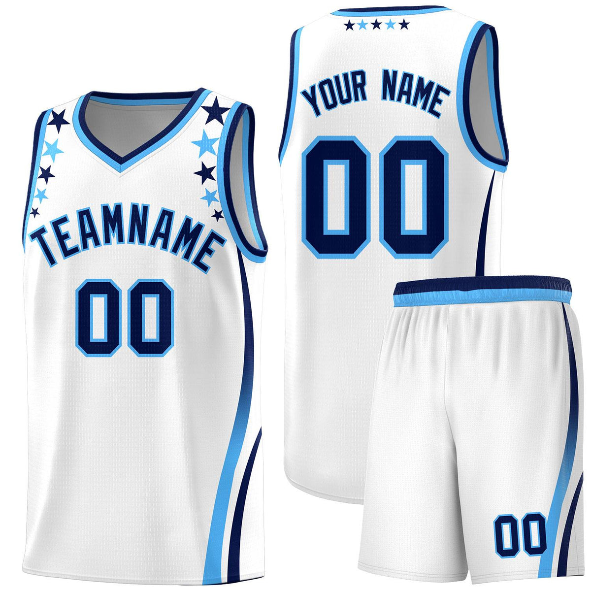 Custom White Shoulders Star Pattern Side Color Block Sports Uniform Basketball Kits