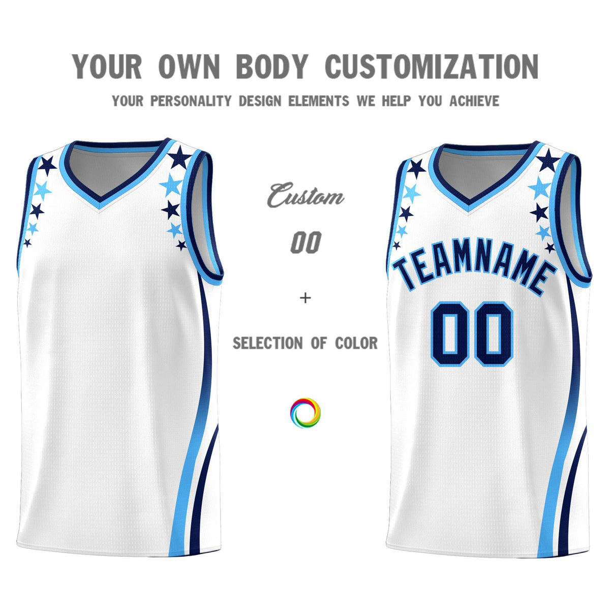 Custom White Shoulders Star Pattern Side Color Block Sports Uniform Basketball Kits