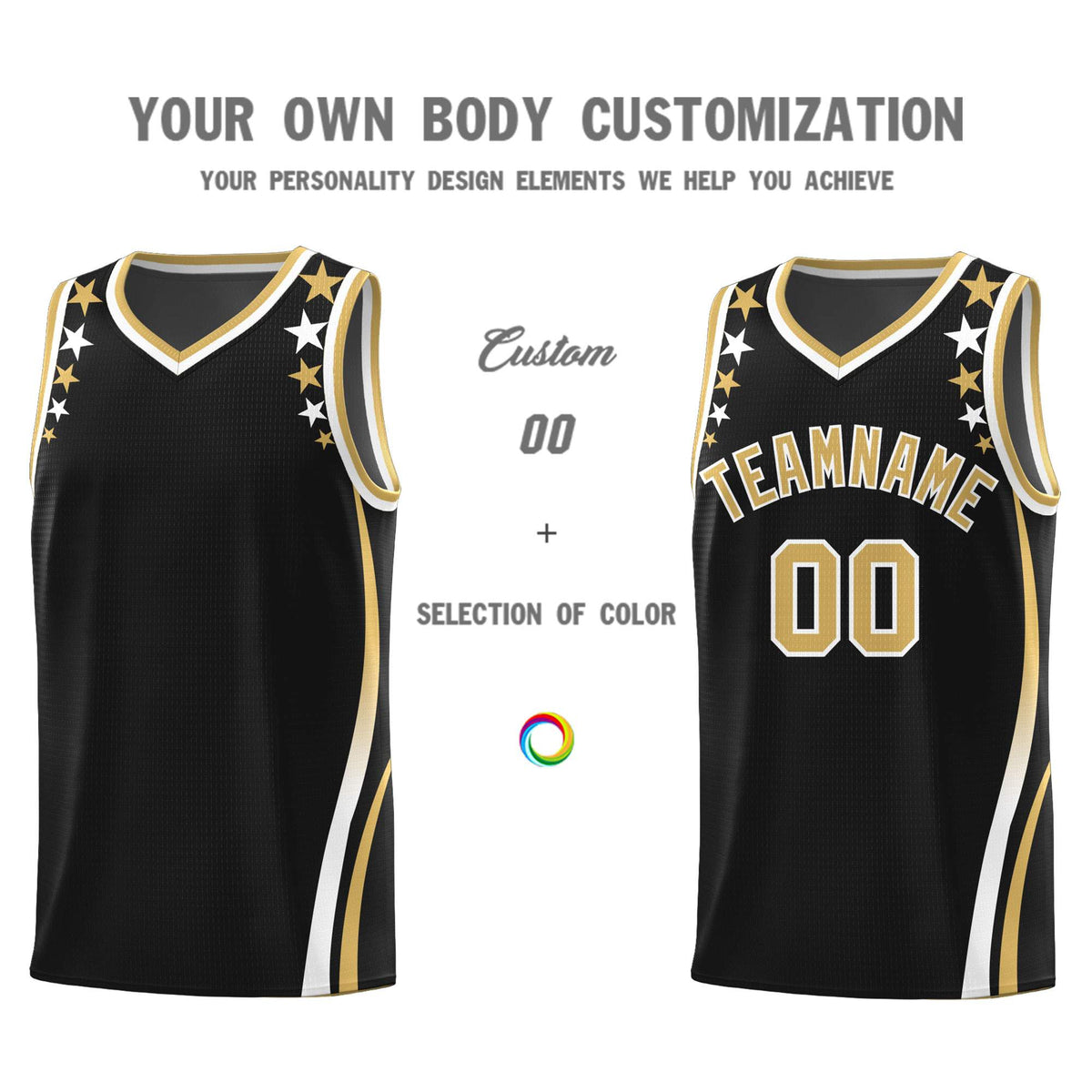 Custom Black Shoulders Star Pattern Side Color Block Sports Uniform Basketball Kits
