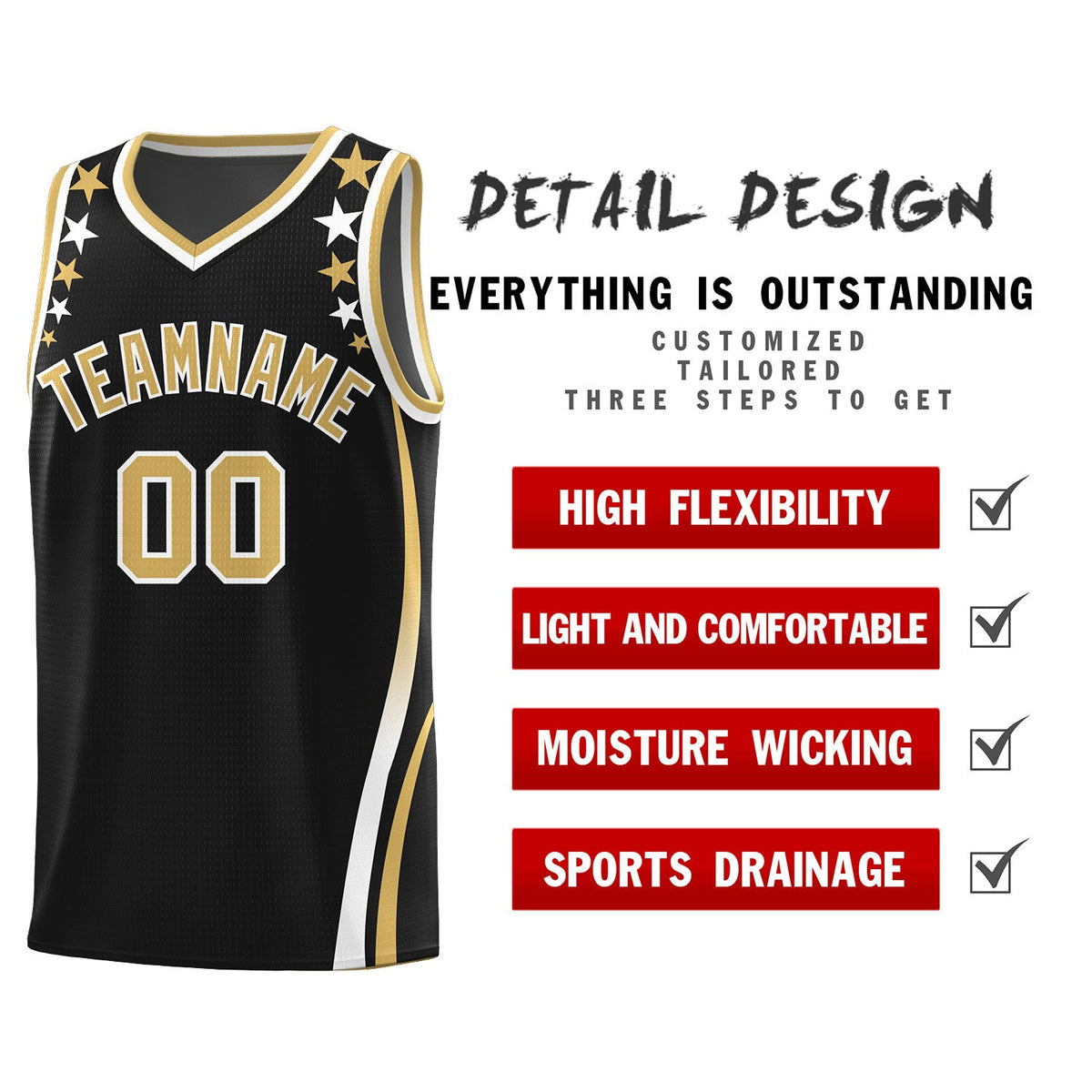 Custom Black Shoulders Star Pattern Side Color Block Sports Uniform Basketball Kits