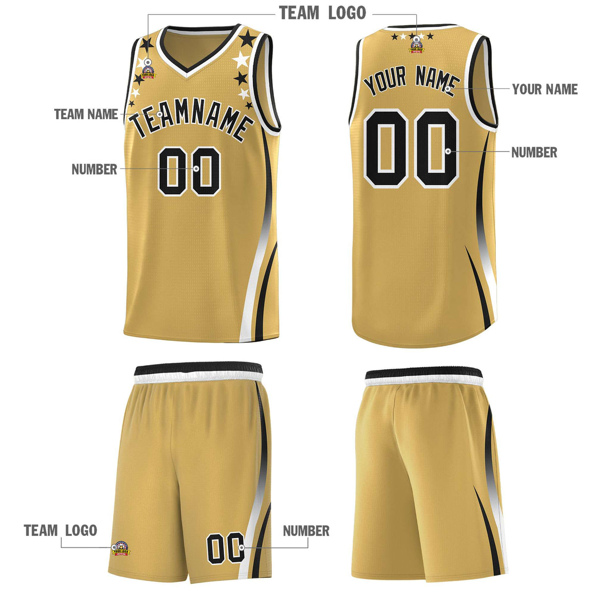 Custom Old Gold Shoulders Star Pattern Side Color Block Sports Uniform Basketball Kits
