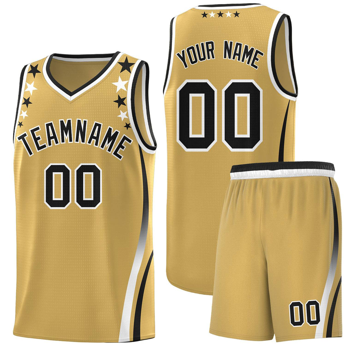 Custom Old Gold Shoulders Star Pattern Side Color Block Sports Uniform Basketball Kits