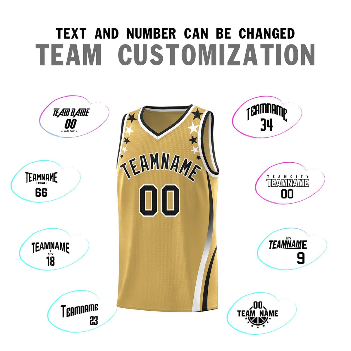 Custom Old Gold Shoulders Star Pattern Side Color Block Sports Uniform Basketball Kits