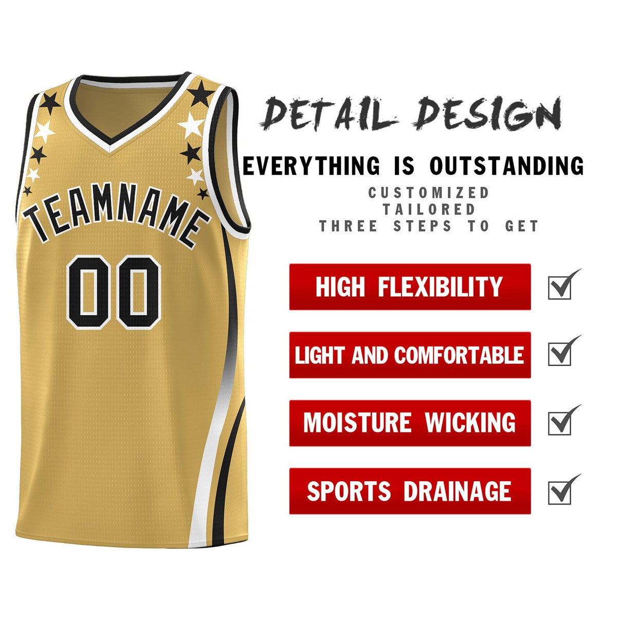 Custom Old Gold Shoulders Star Pattern Side Color Block Sports Uniform Basketball Kits