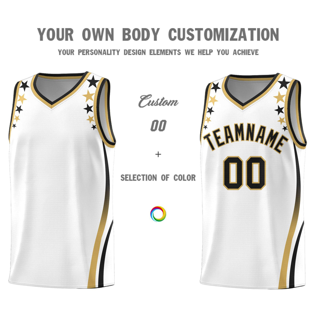Custom White Shoulders Star Pattern Side Color Block Sports Uniform Basketball Kits