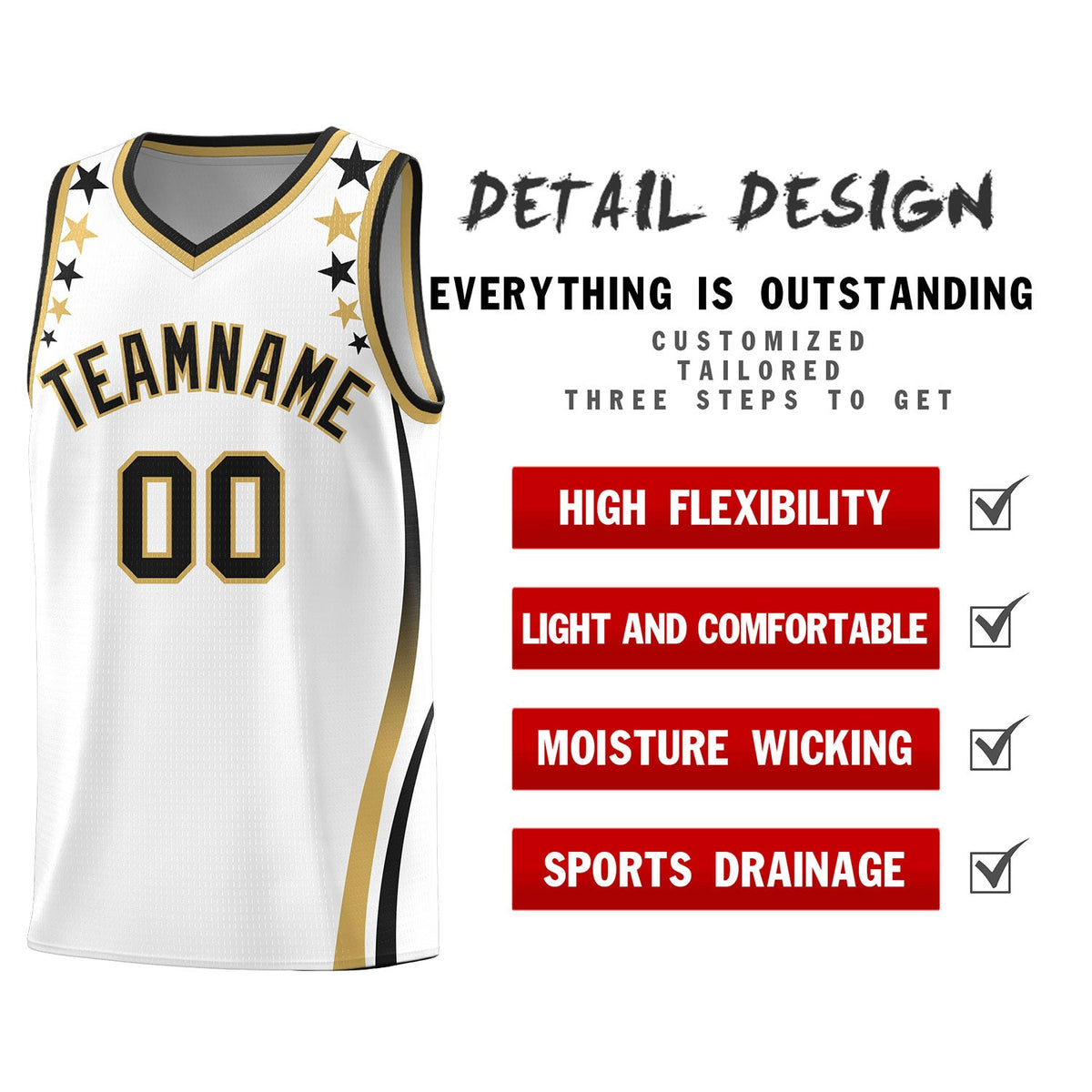 Custom White Shoulders Star Pattern Side Color Block Sports Uniform Basketball Kits