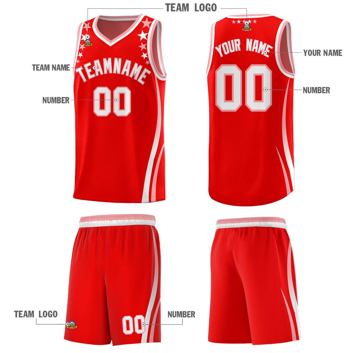 Custom Red Shoulders Star Pattern Side Color Block Sports Uniform Basketball Kits