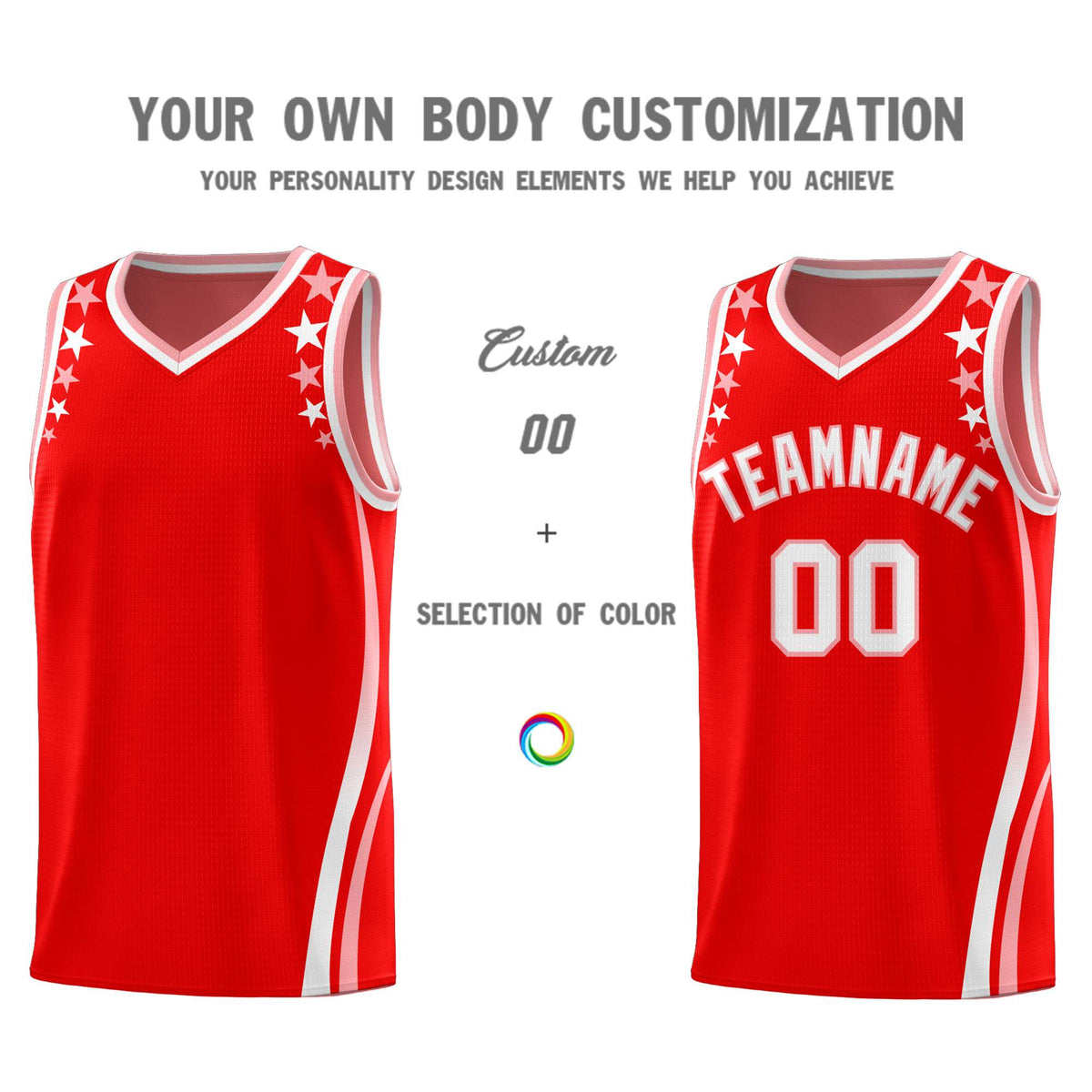 Custom Red Shoulders Star Pattern Side Color Block Sports Uniform Basketball Kits