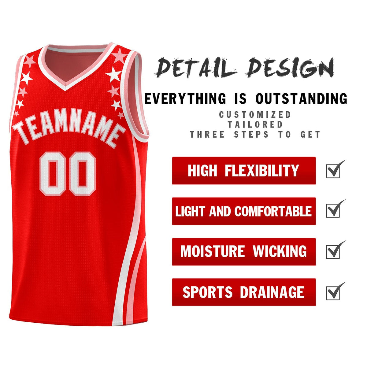 Custom Red Shoulders Star Pattern Side Color Block Sports Uniform Basketball Kits