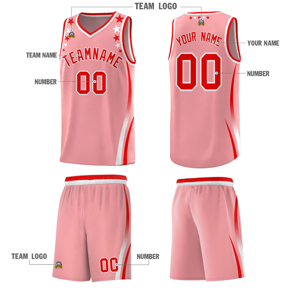 Custom Pink Shoulders Star Pattern Side Color Block Sports Uniform Basketball Kits