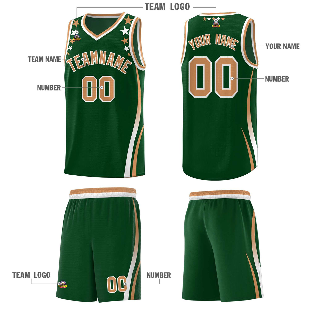 Custom Green Shoulders Star Pattern Side Color Block Sports Uniform Basketball Kits