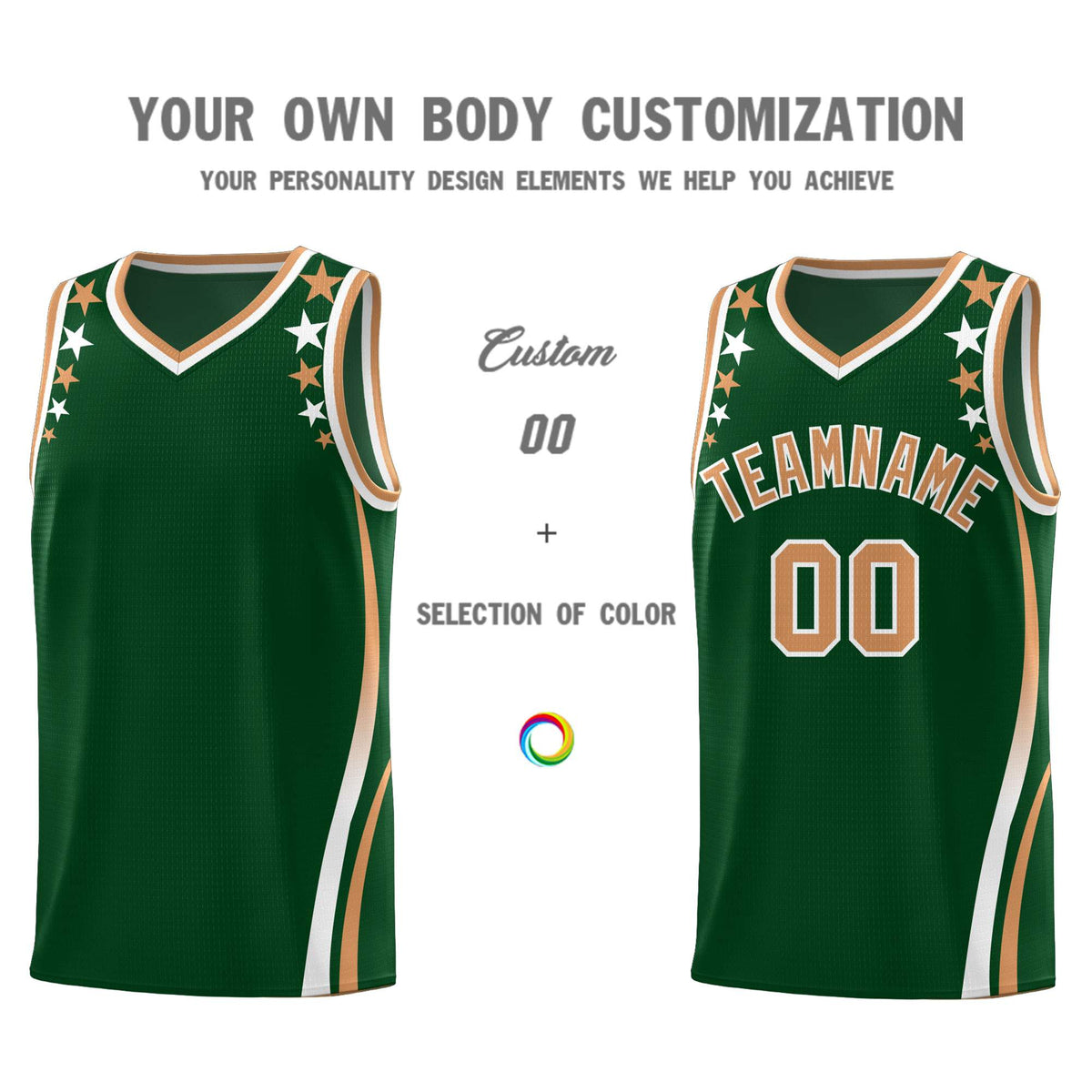Custom Green Shoulders Star Pattern Side Color Block Sports Uniform Basketball Kits