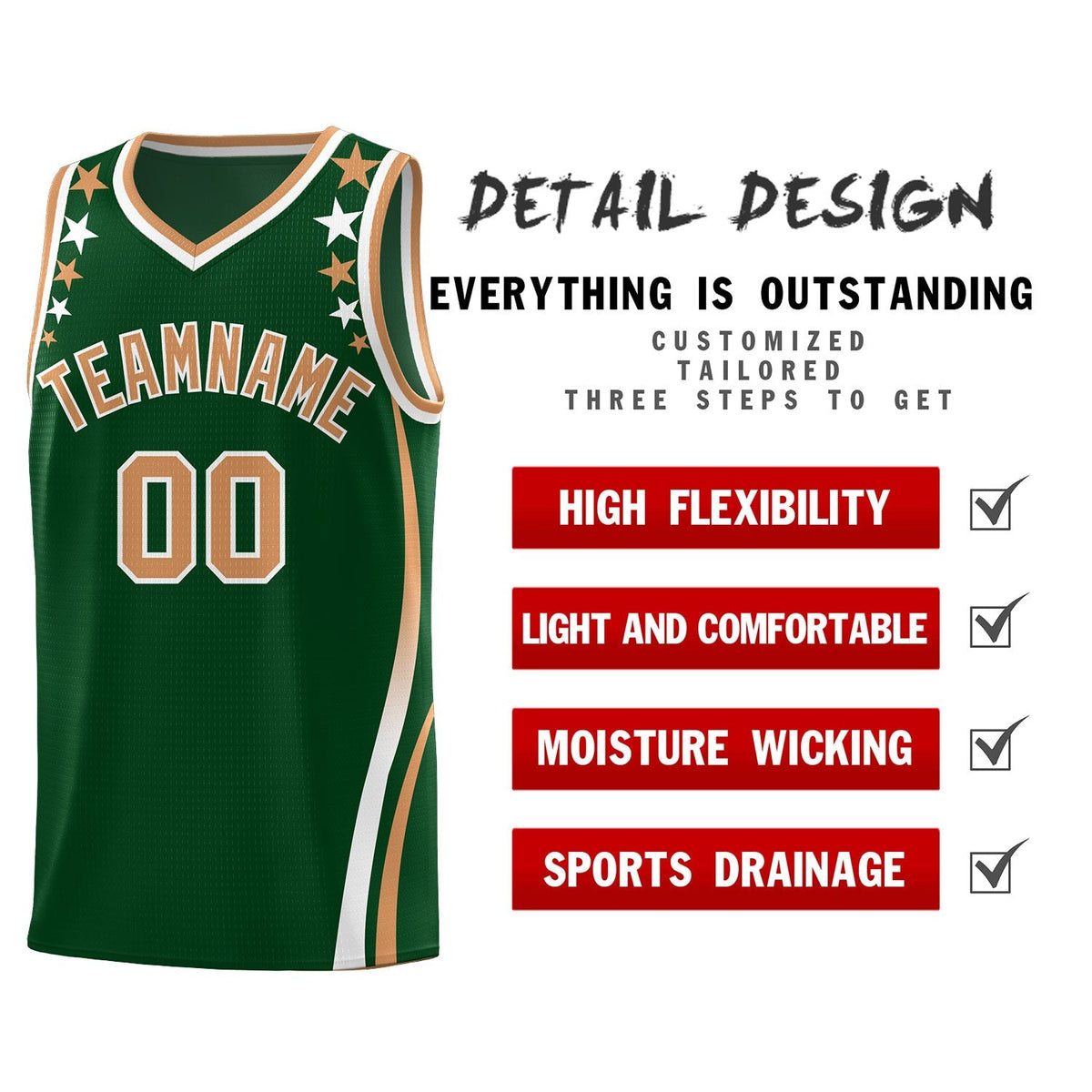 Custom Green Shoulders Star Pattern Side Color Block Sports Uniform Basketball Kits