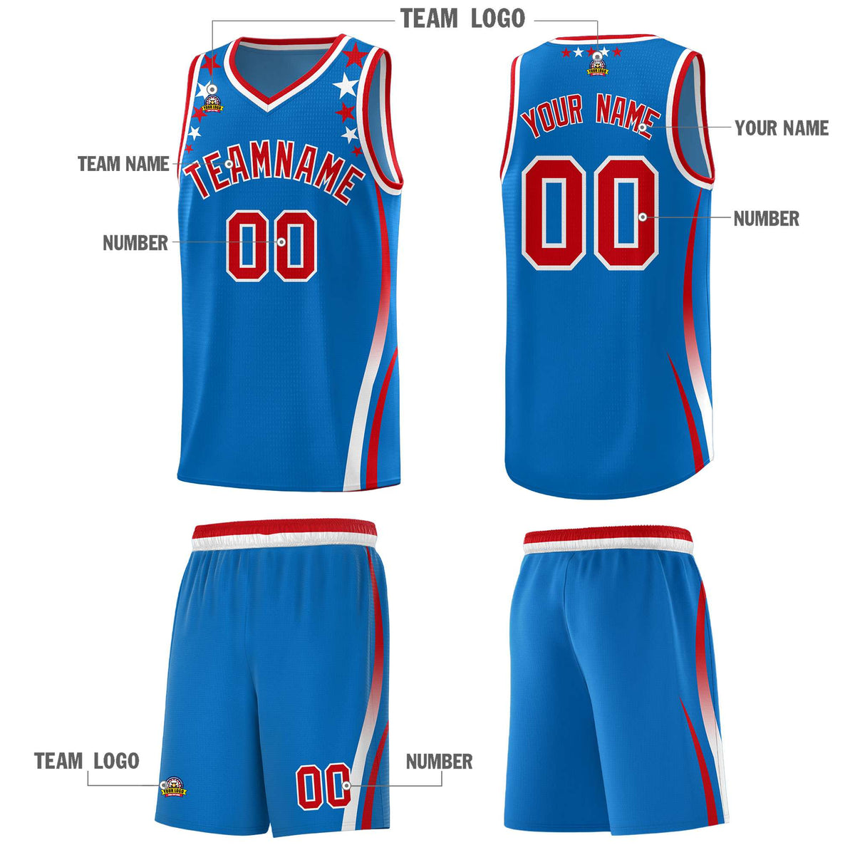 Custom Royal Shoulders Star Pattern Side Color Block Sports Uniform Basketball Kits