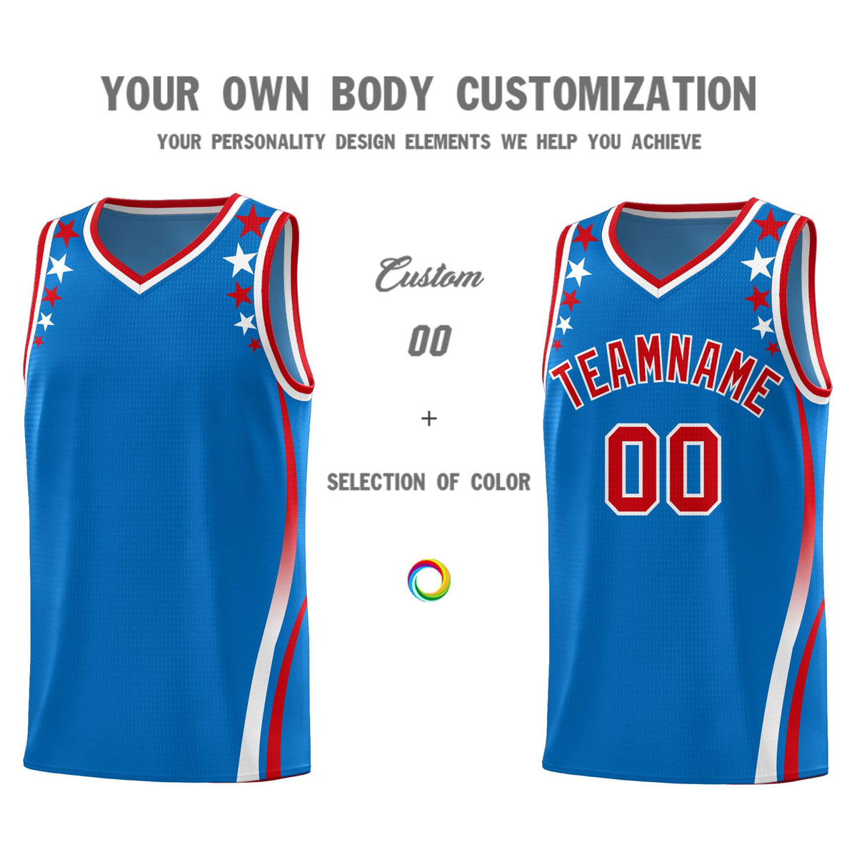 Custom Royal Shoulders Star Pattern Side Color Block Sports Uniform Basketball Kits
