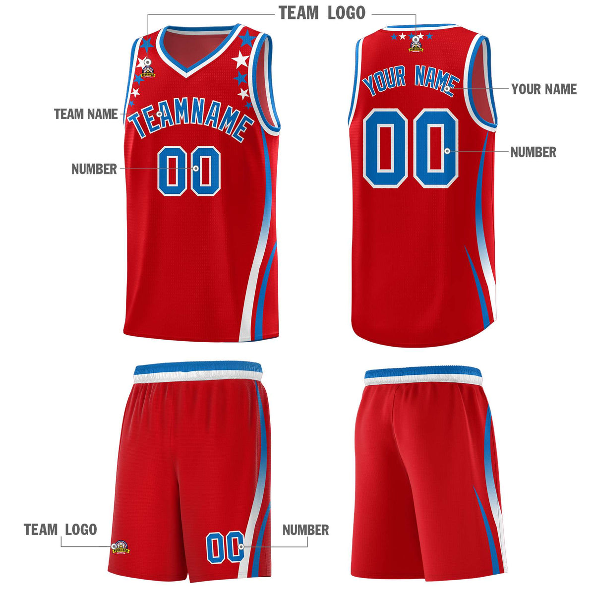 Custom Red Shoulders Star Pattern Side Color Block Sports Uniform Basketball Kits