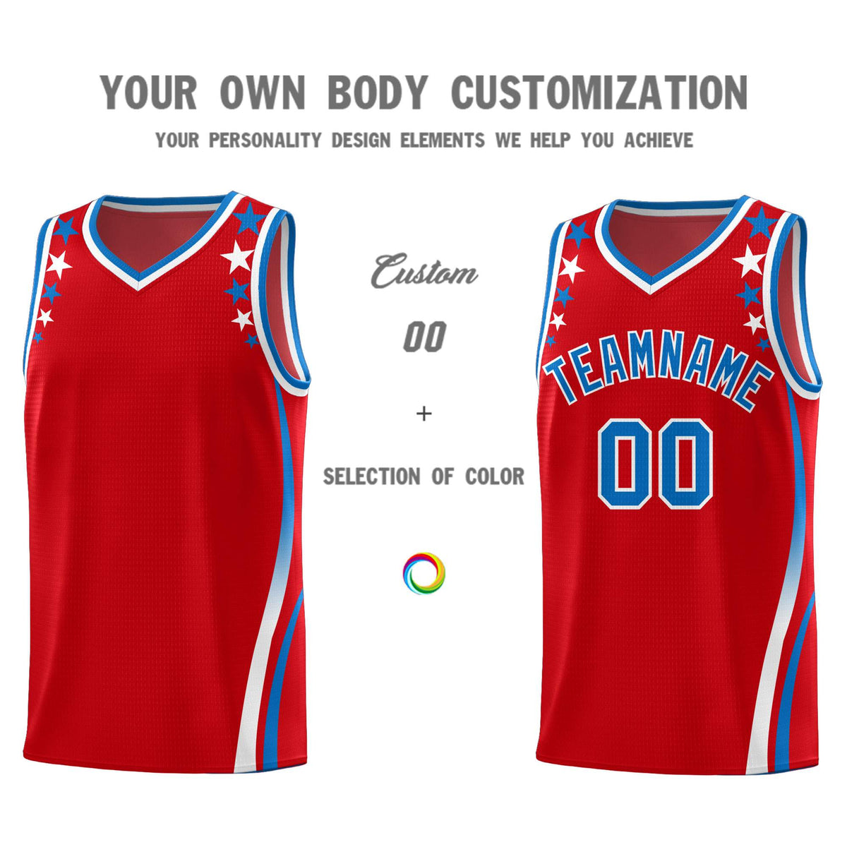 Custom Red Shoulders Star Pattern Side Color Block Sports Uniform Basketball Kits
