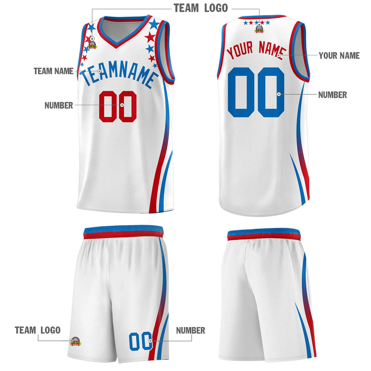 Custom White Shoulders Star Pattern Side Color Block Sports Uniform Basketball Kits