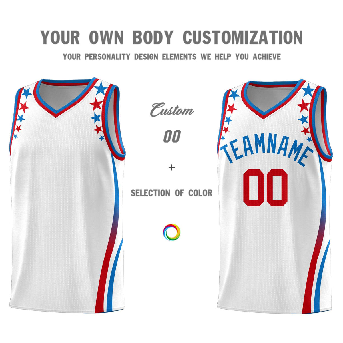 Custom White Shoulders Star Pattern Side Color Block Sports Uniform Basketball Kits