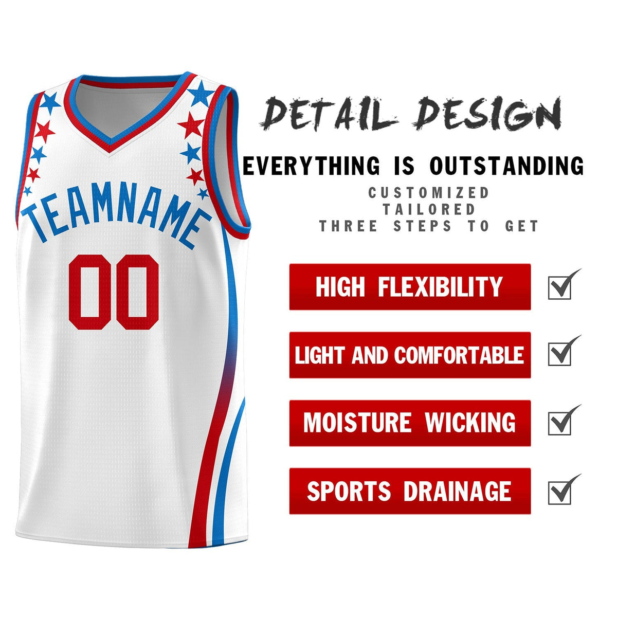 Custom White Shoulders Star Pattern Side Color Block Sports Uniform Basketball Kits