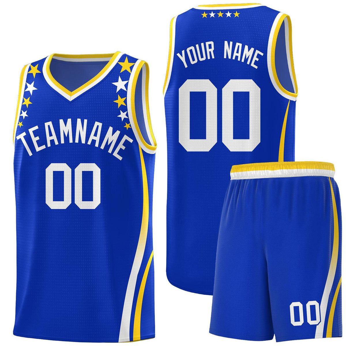 Custom Royal Shoulders Star Pattern Side Color Block Sports Uniform Basketball Kits