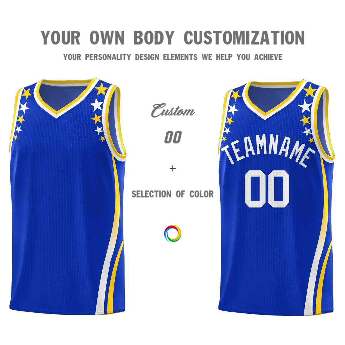 Custom Royal Shoulders Star Pattern Side Color Block Sports Uniform Basketball Kits
