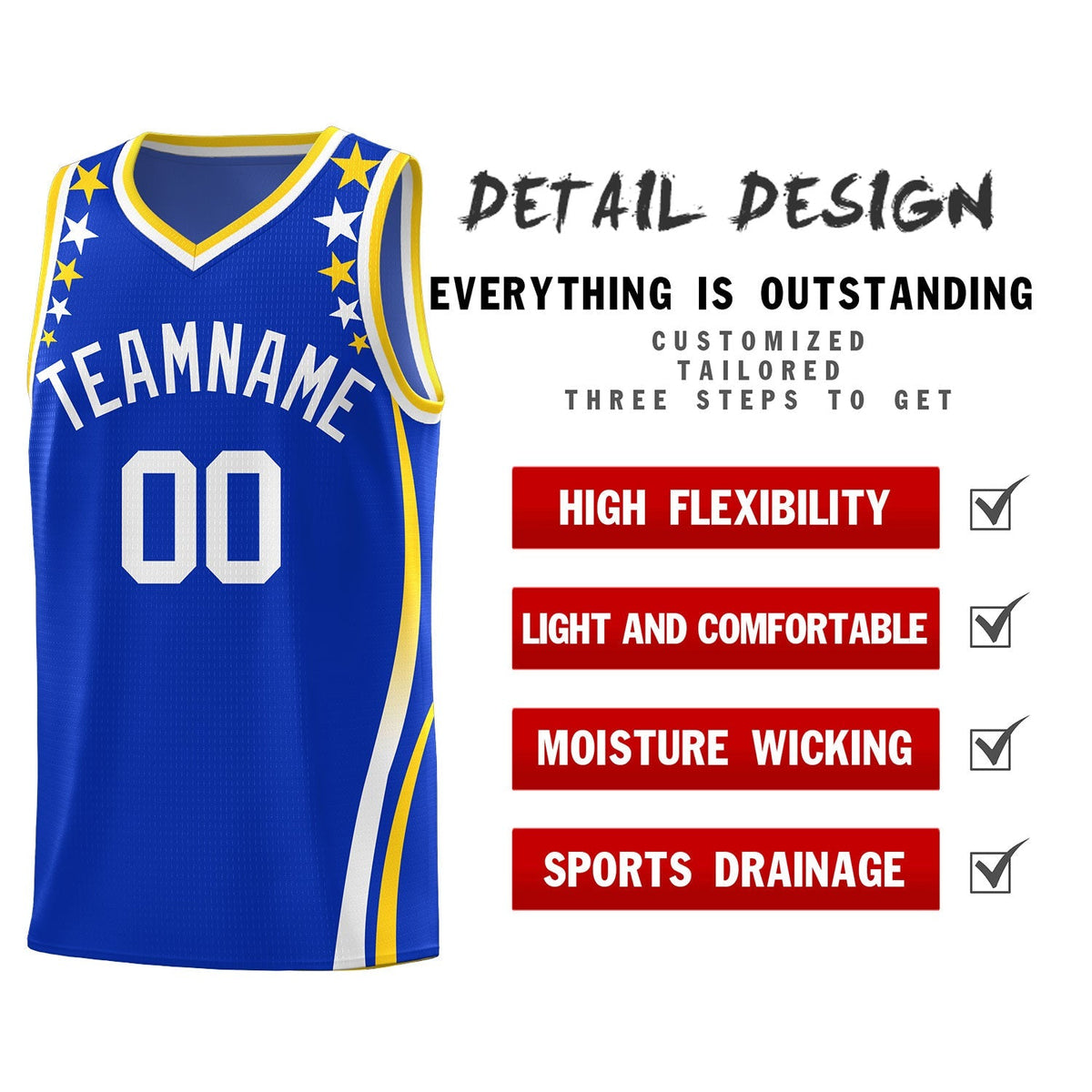 Custom Royal Shoulders Star Pattern Side Color Block Sports Uniform Basketball Kits