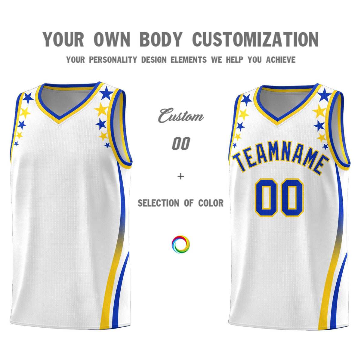 Custom White Shoulders Star Pattern Side Color Block Sports Uniform Basketball Kits